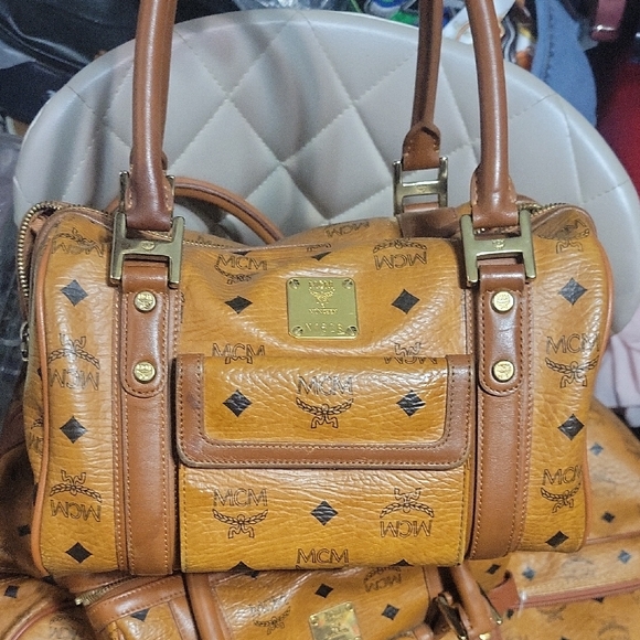 MCM Tan Satchel with Structured Design and Metal Accents